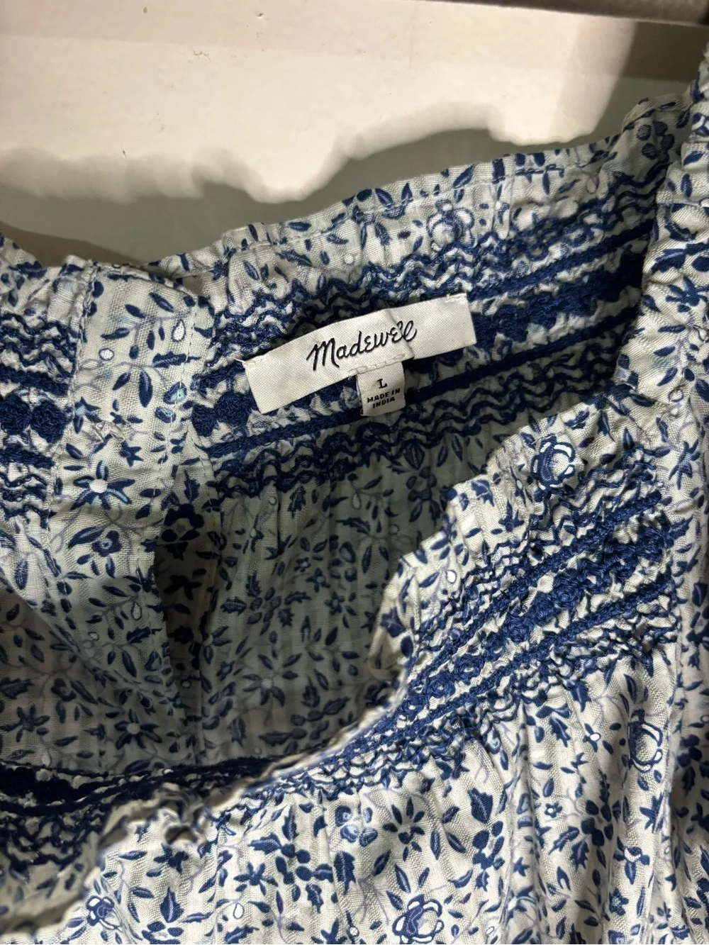 Madewell Blue Floral Smocked Puff-Sleeve Blouse
